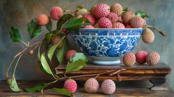 A bowl of pink red lychees in a blue and white porcelain bowl with patterns on a wooden table. photo