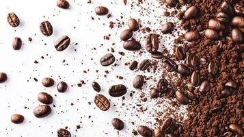 Lots of coffee falling beans on the light background. photo