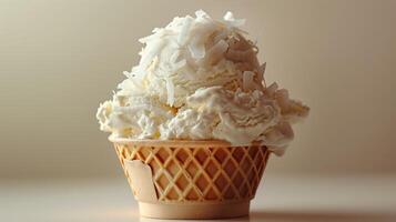 A white ice cream sundae in a waffle cup, topped with coconut flakes, on a plain white background. photo