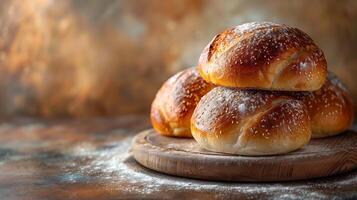 Freshly baked breads surrounded by food and spices on dark background. photo