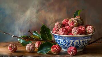 A bowl of pink red lychees in a blue and white porcelain bowl with patterns on a wooden table. photo