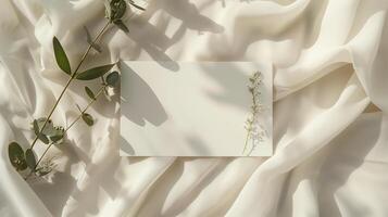 A lat lay card mockup adorned with eucalyptus branche and flowers. photo