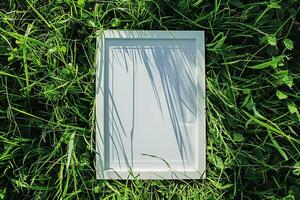 A plain white frame mockup, laying on grass in sunny day. photo