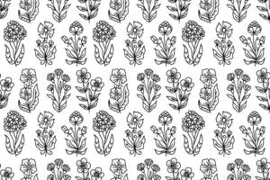 Line art hand drawn flowers seamless pattern. Floral pattern with decorative flower designs. Outline, contour spring flowers Botanical sketches, wildflower blossom, with hand drawn illustrations. vector
