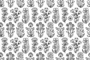 Line art hand drawn flowers seamless pattern. Floral pattern with decorative flower designs. Outline, contour spring flowers Botanical sketches, wildflower blossom, with hand drawn illustrations. vector