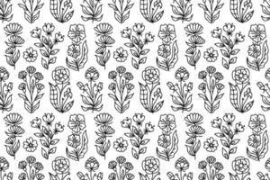 Line art hand drawn flowers seamless pattern. Floral pattern with decorative flower designs. Outline, contour spring flowers Botanical sketches, wildflower blossom, with hand drawn illustrations. vector