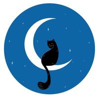 Cute black cat sitting on a crescent on blue night sky background. illustration vector