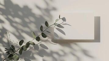 A lat lay card mockup adorned with eucalyptus branche and flowers. photo