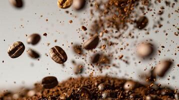 Lots of coffee falling beans on the light background. photo