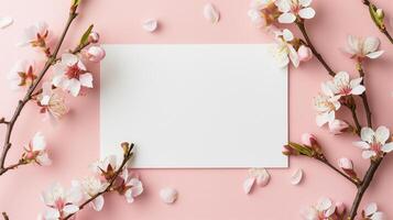 A blank wedding invitation card mockup adorned with delicate pink flowers. photo