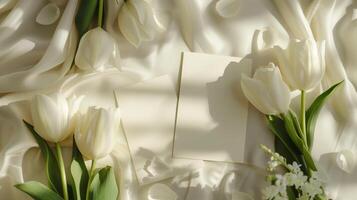 Two white postcards with small white tulips and flower petals around on a baige background. photo