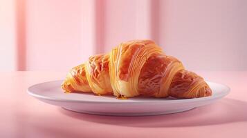 A croissant placed on a white porcelain plate, with a light drizzle of honey on a soft pastel background. photo