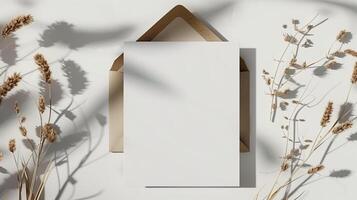 A light white and light brown blank invitation mockup with dried flowers and many shadows. photo