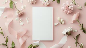 A wedding invitation with flowers and ribbon on a pink background. photo