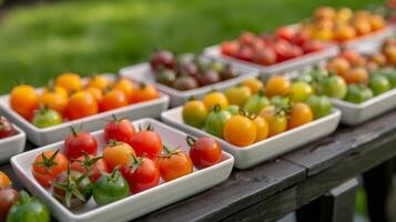 A variety of small tomatoes are displayed on a wooden table. photo