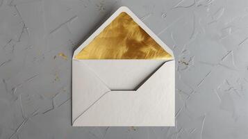 An envelope with gold foil on it, with the top open placed against a gray background. photo