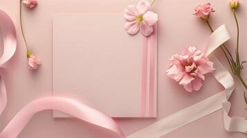 A wedding invitation with flowers and ribbon on a pink background. photo