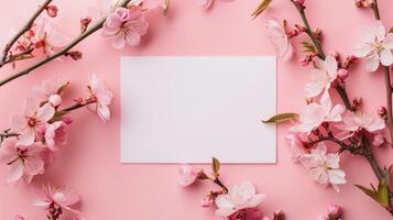 A blank wedding invitation card mockup adorned with delicate pink flowers. photo