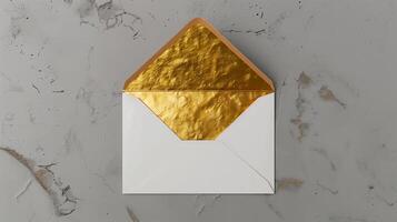 An envelope with gold foil on it, with the top open placed against a gray background. photo