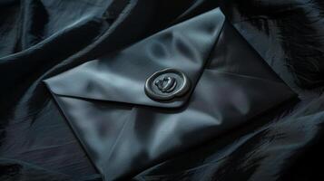 A luxurious black envelope lying on a richly textured satin cloth background. photo