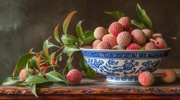 A bowl of pink red lychees in a blue and white porcelain bowl with patterns on a wooden table. photo