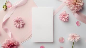 A wedding invitation with flowers and ribbon on a pink background. photo