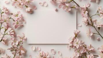 A blank wedding invitation card mockup adorned with delicate pink flowers. photo