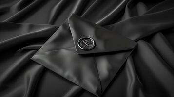 A luxurious black envelope lying on a richly textured satin cloth background. photo