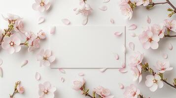 A blank wedding invitation card mockup adorned with delicate pink flowers. photo