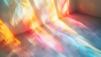 Macro detail of rainbow light rays on a white wall. photo