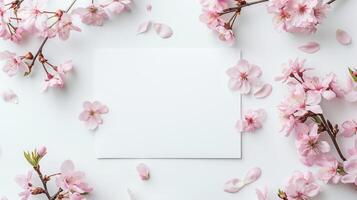 A blank wedding invitation card mockup adorned with delicate pink flowers. photo