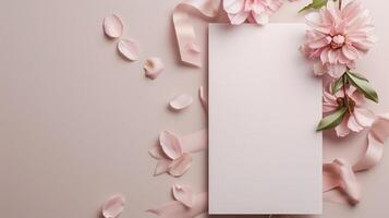 un Boda invitación con flores y cinta en un rosado antecedentes. foto