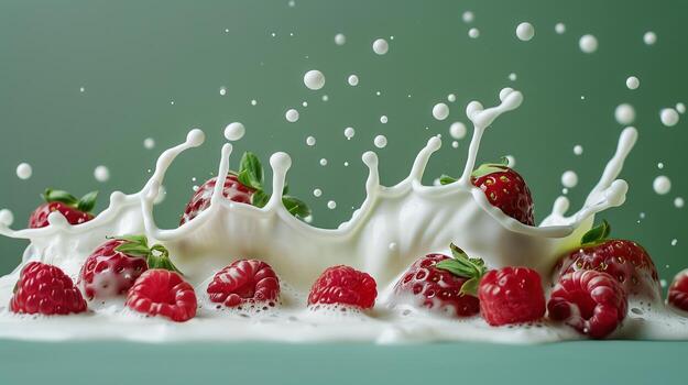 A splash of milk with strawberries and raspberries on the ight green background. photo
