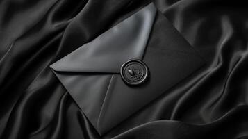 A luxurious black envelope lying on a richly textured satin cloth background. photo