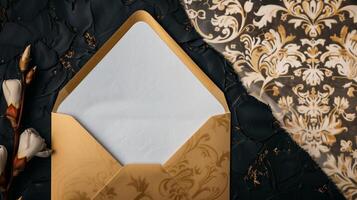 An envelope with gold foil on it, with the top open placed against a dark background. photo