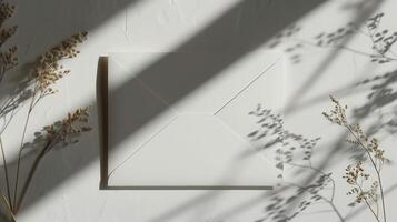 A light white and light brown blank invitation mockup with dried flowers and many shadows. photo