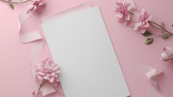 A wedding invitation with flowers and ribbon on a pink background. photo