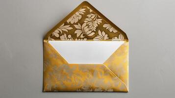 An envelope with gold foil on it, with the top open placed against a gray background. photo