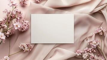 A blank wedding invitation card mockup adorned with delicate pink flowers. photo