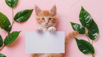 A cute kitten sleeping next to green leaves on a pink background with a blank white card in the middle of the picture. photo