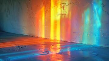 Macro detail of rainbow light rays on a white wall. photo