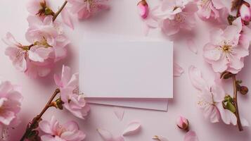 A blank wedding invitation card mockup adorned with delicate pink flowers. photo