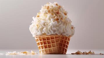 A white ice cream sundae in a waffle cup, topped with coconut flakes, on a plain white background. photo