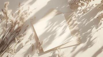 A light white and light brown blank invitation mockup with dried flowers and many shadows. photo