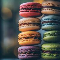 Assortment of delicate macarons, vibrant colors, soft matte finish, stacked artfully. photo