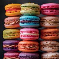 Assortment of delicate macarons, vibrant colors, soft matte finish, stacked artfully. photo