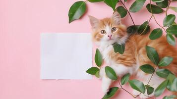 A cute kitten sleeping next to green leaves on a pink background with a blank white card in the middle of the picture. photo