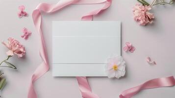 A wedding invitation with flowers and ribbon on a pink background. photo