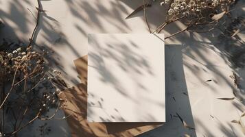 A light white and light brown blank invitation mockup with dried flowers and many shadows. photo