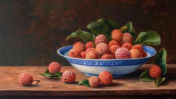 A bowl of pink red lychees in a blue and white porcelain bowl with patterns on a wooden table. photo